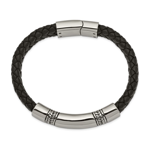 Chisel Stainless Steel Antiqued and Polished Braided Black Leather 8.25 inch ID Bracelet