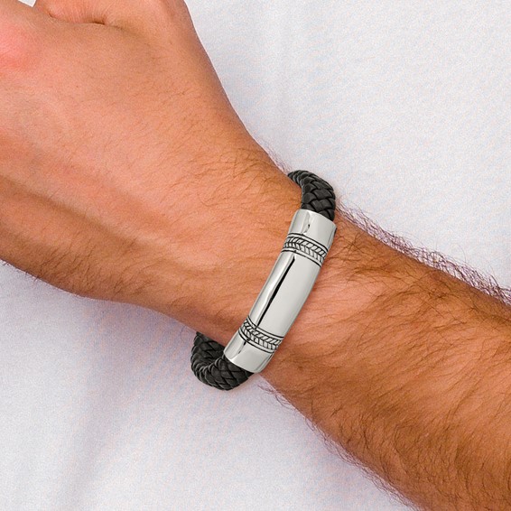 Chisel Stainless Steel Antiqued and Polished Braided Black Leather 8.25 inch ID Bracelet