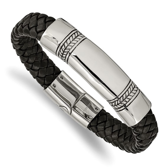 Chisel Stainless Steel Antiqued and Polished Braided Black Leather 8.25 inch ID Bracelet