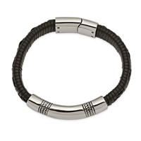 Chisel Stainless Steel Antiqued and Polished Black Woven Leather ID Bracelet, 8.25" view 2