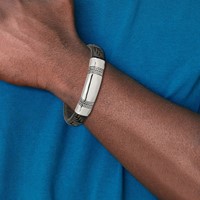 Chisel Stainless Steel Antiqued and Polished Black Woven Leather ID Bracelet, 8.25" view 4
