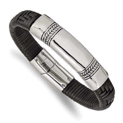 Chisel Stainless Steel Antiqued and Polished Black Woven Leather ID Bracelet, 8.25"