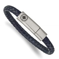 Chisel Stainless Steel Antiqued and Brushed Compass Navy Blue Braided Leather Bracelet, 8" view 1