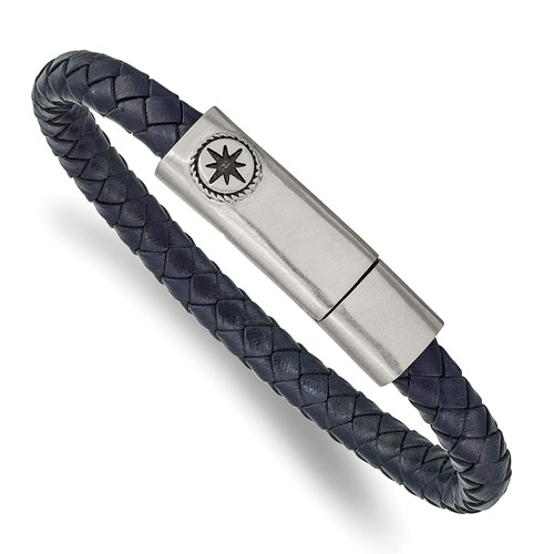 Chisel Stainless Steel Antiqued and Brushed Compass Navy Blue Braided Leather Bracelet, 8"