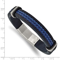 Chisel Stainless Steel Polished with CZ Black and Blue Braided Leather Bracelet with.5 Inch Extension, 8" view 3