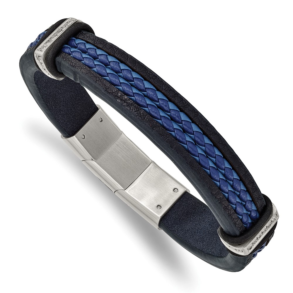 Stainless Steel Polished Blue Leather w/CZ 8in w/.5in ext. Bracelet