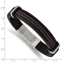 Chisel Stainless Steel Polished Black and Brown Braided Leather Bracelet with.5 Inch Extension, 8" view 3
