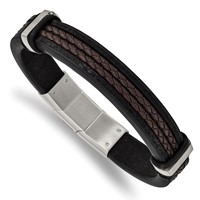 Chisel Stainless Steel Polished Black and Brown Braided Leather Bracelet with.5 Inch Extension, 8" view 1