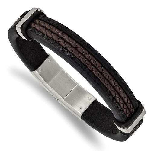 Chisel Stainless Steel Polished Black and Brown Braided Leather Bracelet with.5 Inch Extension, 8"