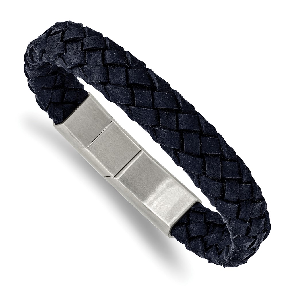 Stainless Steel Brushed Navy Braided Leather 8.25in w/.5in ext Bracelet
