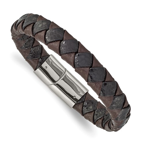 Chisel Stainless Steel Polished Black and Brown Textured Leather Bracelet, 8"