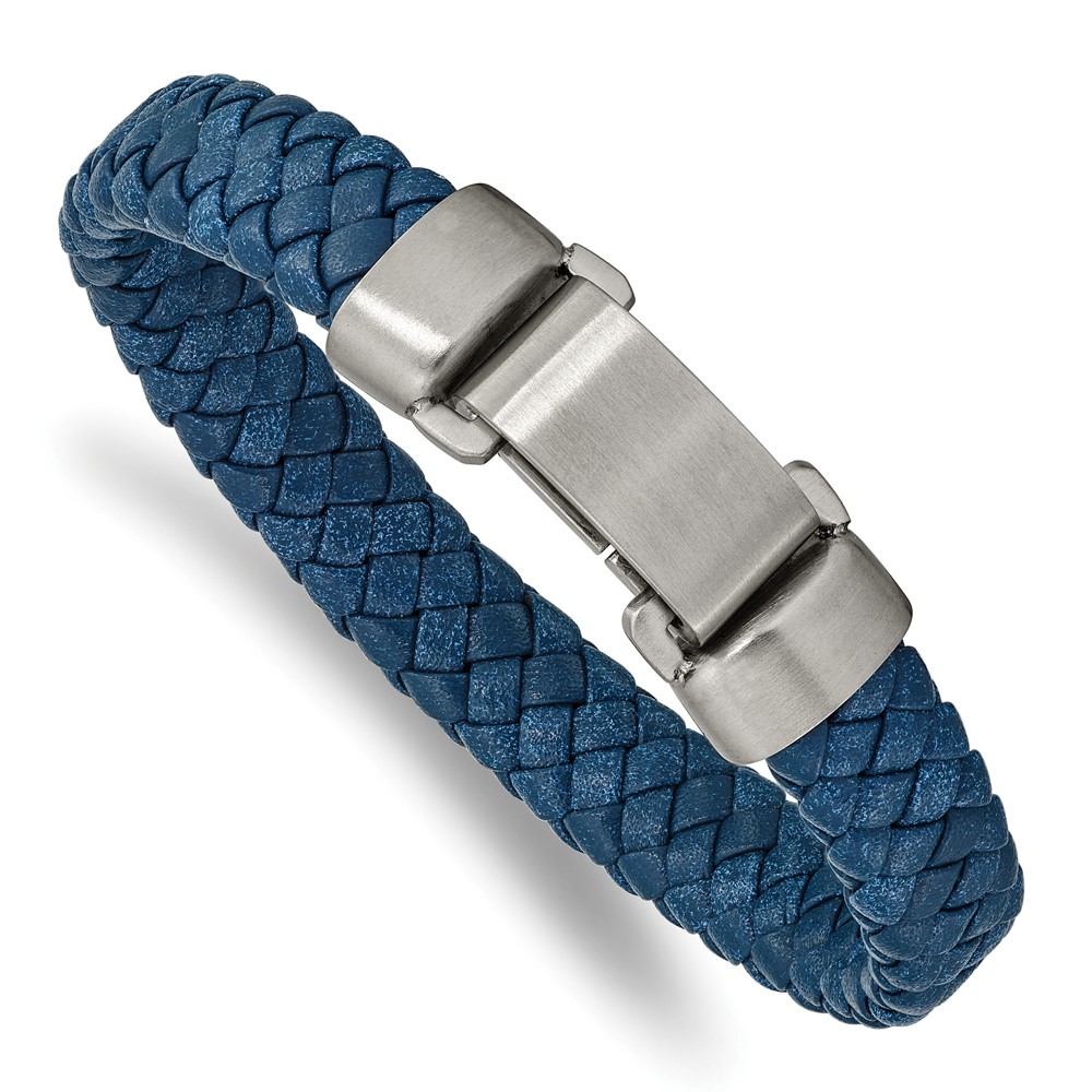 Stainless Steel Brushed Blue Leather 8.25in Bracelet