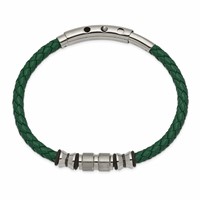Chisel Stainless Steel Brushed and Polished Black IP-plated Bracelet with Rubber Green Braided Leather Adjustable 7.75 to, 8.25" view 2