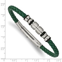 Chisel Stainless Steel Brushed and Polished Black IP-plated Bracelet with Rubber Green Braided Leather Adjustable 7.75 to, 8.25" view 3