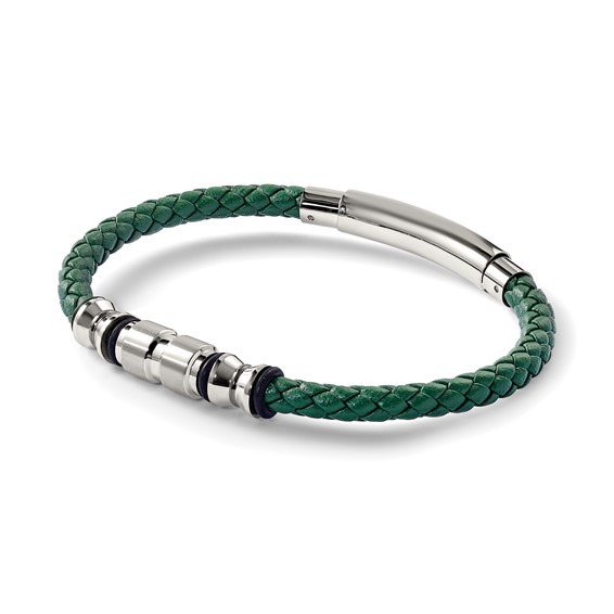 Chisel Stainless Steel Brushed and Polished Black IP-plated with Rubber Green Braided Leather Adjustable 7.75 to 8.25 inch Bracelet