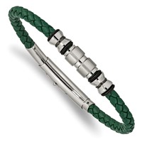 Chisel Stainless Steel Brushed and Polished Black IP-plated Bracelet with Rubber Green Braided Leather Adjustable 7.75 to, 8.25" view 1