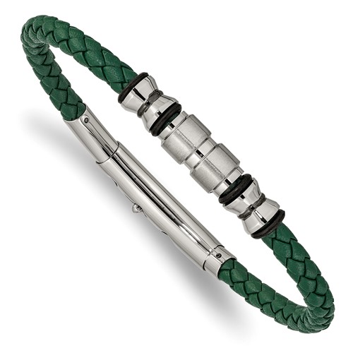 Chisel Stainless Steel Brushed and Polished Black IP-plated Bracelet with Rubber Green Braided Leather Adjustable 7.75 to, 8.25"
