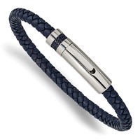 Chisel Stainless Steel Polished Blue Braided Leather Bracelet, 8.25" view 1