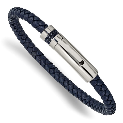 Chisel Stainless Steel Polished Blue Braided Leather Bracelet, 8.25"