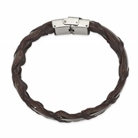 Chisel Stainless Steel Polished Cable and Brown Leather Bracelet, 8.5" view 2