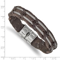 Chisel Stainless Steel Polished Cable and Brown Leather Bracelet, 8.5" view 3