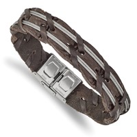 Chisel Stainless Steel Polished Cable and Brown Leather Bracelet, 8.5" view 1
