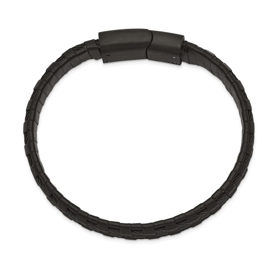 Chisel Stainless Steel Brushed and Polished Black IP-plated Wire Cable and Black Leather 8.25 inch Bracelet