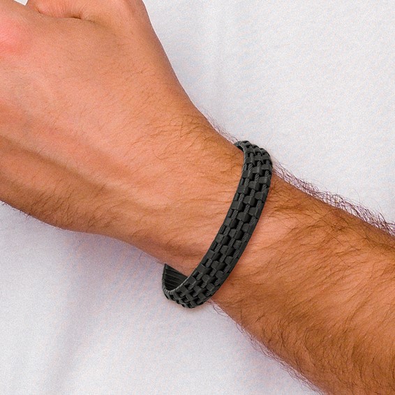 Chisel Stainless Steel Brushed and Polished Black IP-plated Wire Cable and Black Leather 8.25 inch Bracelet