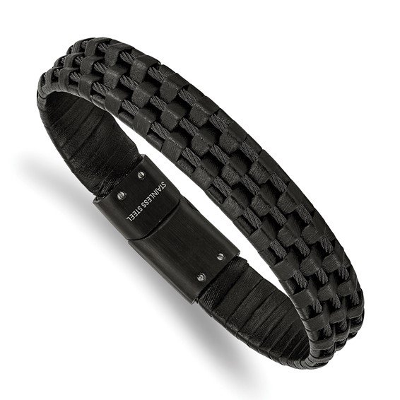 Chisel Stainless Steel Brushed and Polished Black IP-plated Wire Cable and Black Leather 8.25 inch Bracelet