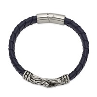 Chisel Stainless Steel Antiqued and Polished Blue Woven Leather Bracelet, 8.75" view 2