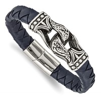 Chisel Stainless Steel Antiqued and Polished Blue Woven Leather Bracelet, 8.75" view 1
