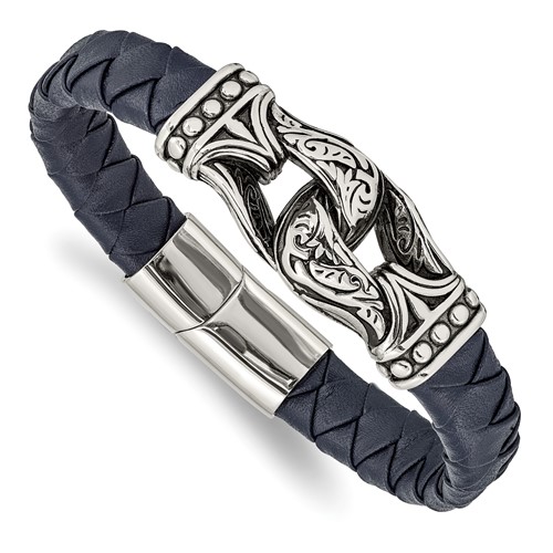 Chisel Stainless Steel Antiqued and Polished Blue Woven Leather Bracelet, 8.75"
