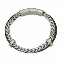 Chisel Stainless Steel Brushed Chian and Black Braided Leather Bracelet with.5 Inch Extension, 8" view 2