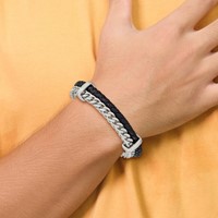 Chisel Stainless Steel Brushed Chian and Black Braided Leather Bracelet with.5 Inch Extension, 8" view 4
