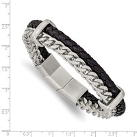 Chisel Stainless Steel Brushed Chian and Black Braided Leather Bracelet with.5 Inch Extension, 8" view 3