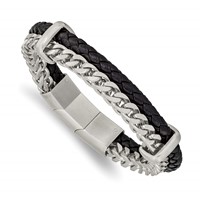 Chisel Stainless Steel Brushed Chian and Black Braided Leather Bracelet with.5 Inch Extension, 8" view 1