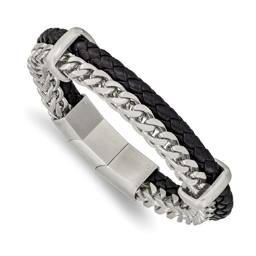 Chisel Stainless Steel Brushed Chian and Black Braided Leather Bracelet with.5 Inch Extension, 8"