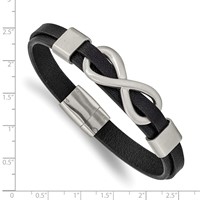 Chisel Stainless Steel Brushed and Polished Infinity Symbol Black Leather Bracelet, 8" view 3