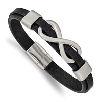 Chisel Stainless Steel Brushed and Polished Infinity Symbol Black Leather Bracelet, 8" view 1