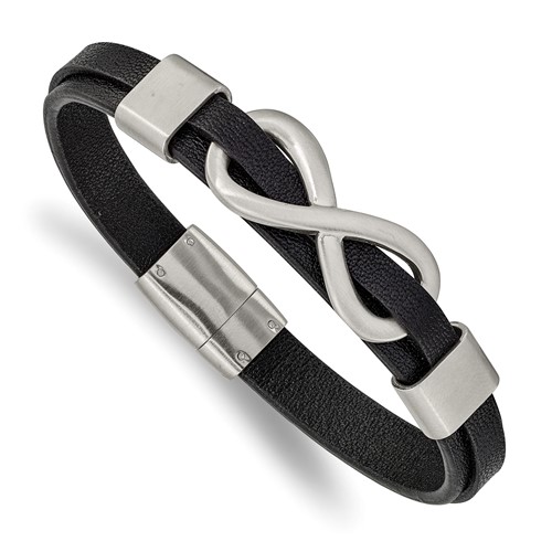 Chisel Stainless Steel Brushed and Polished Infinity Symbol Black Leather Bracelet, 8"