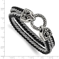 Stainless Steel Antiqued & Polished Leather Cotton Braided Bracelet, 8" view 2