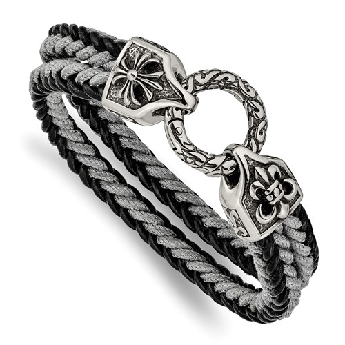 Stainless Steel Antiqued & Polished Leather Cotton Braided Bracelet, 8"
