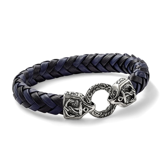 Chisel Stainless Steel Antiqued and Polished Black and Blue Braided Leather 8.25 inch Bracelet