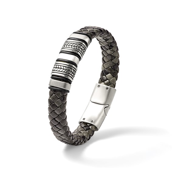 Chisel Stainless Steel Antiqued Brushed and Polished Braided Black Leather with Silicone 8.25 inch Bracelet