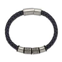 Chisel Stainless Steel Antiqued and Polished Braided Blue Leather Bracelet with Black Silicone, 8.25" view 2