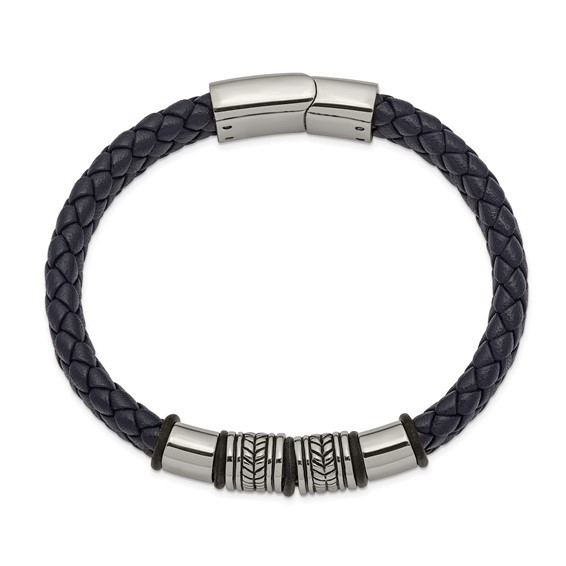 Chisel Stainless Steel Antiqued and Polished Braided Blue Leather with Black Silicone 8.25 inch Bracelet