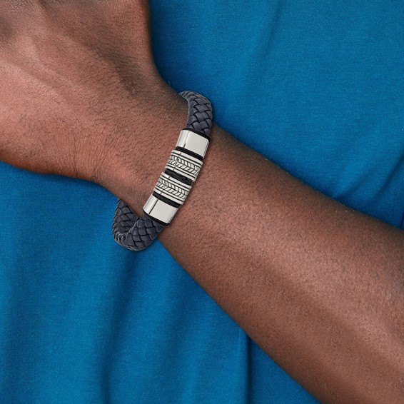 Chisel Stainless Steel Antiqued and Polished Braided Blue Leather with Black Silicone 8.25 inch Bracelet