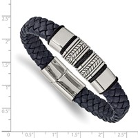 Chisel Stainless Steel Antiqued and Polished Braided Blue Leather Bracelet with Black Silicone, 8.25" view 3