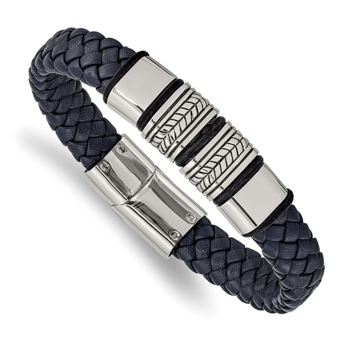 Chisel Stainless Steel Antiqued and Polished Braided Blue Leather Bracelet with Black Silicone, 8.25"