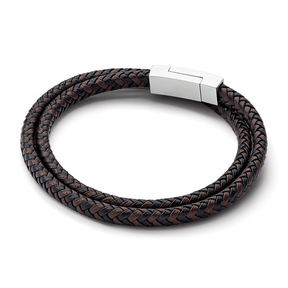 Chisel Stainless Steel Polished Black and Brown Braided Leather 15.75 inch Wrap Bracelet